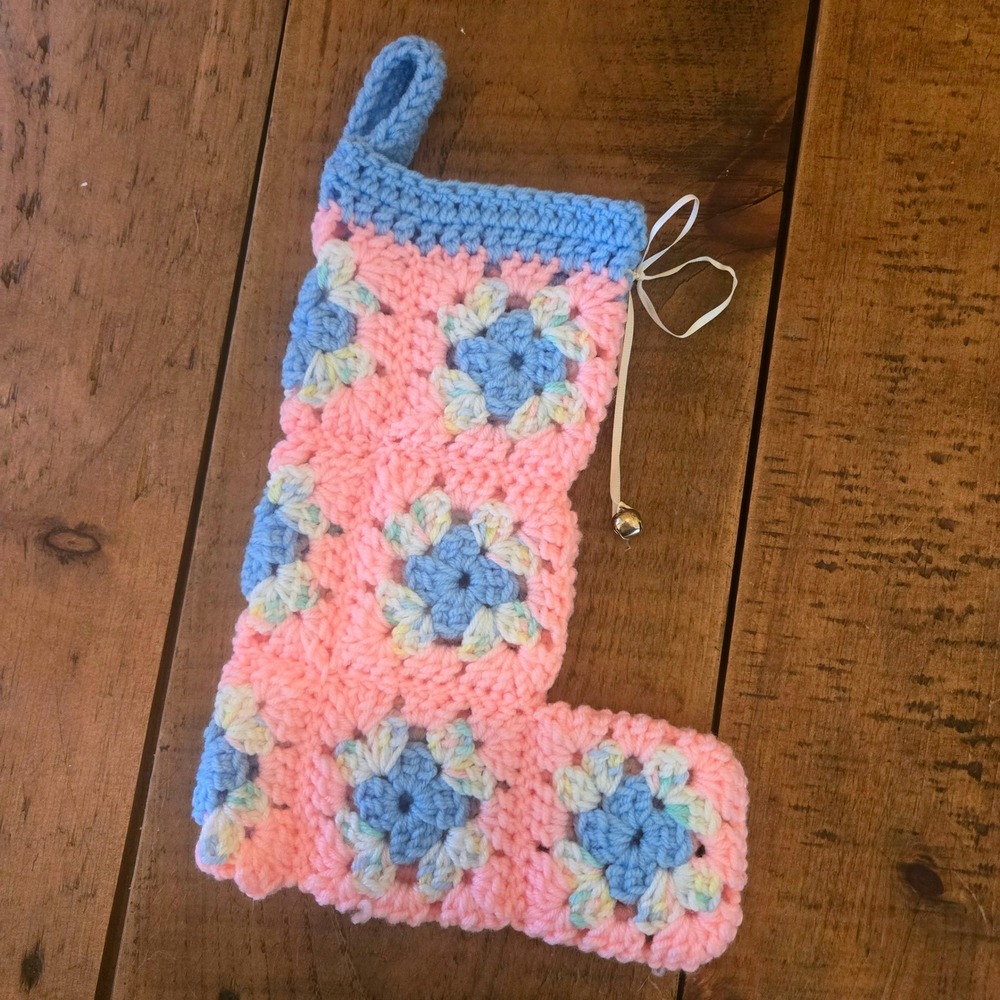 Handmade Crochet Granny Square Christmas Stocking Pink Blue Floral Bell Retro